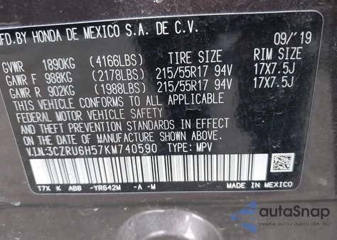 2019 Honda Hr-V Ex из США, поврежденный, VIN 3CZRU6H57KM740590